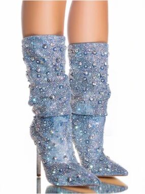 Azalea wang Crystal-Embellished Slouchy Pointed-Toe Boots in Light Blue